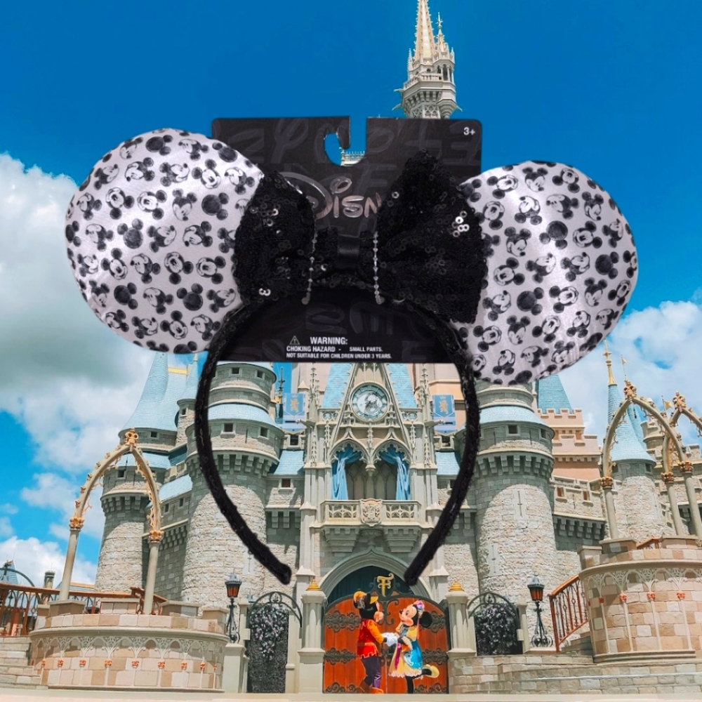 Disney White satin Mickey Mouse ears with black Mickey heads & sequins bow